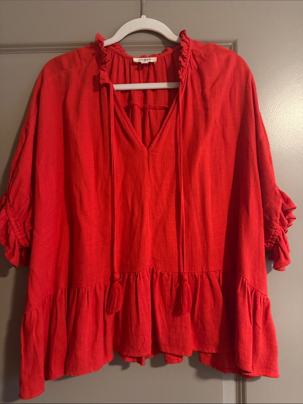 Umgee Red Peasant Blouse with Tassel Ties - Picture 4 of 5